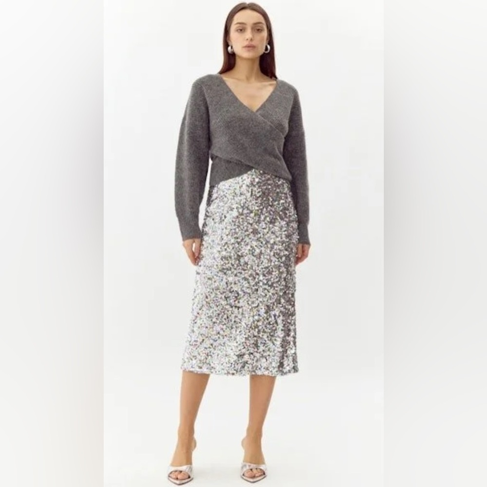 Greylin Sparkling Silver Midi Skirt, size S